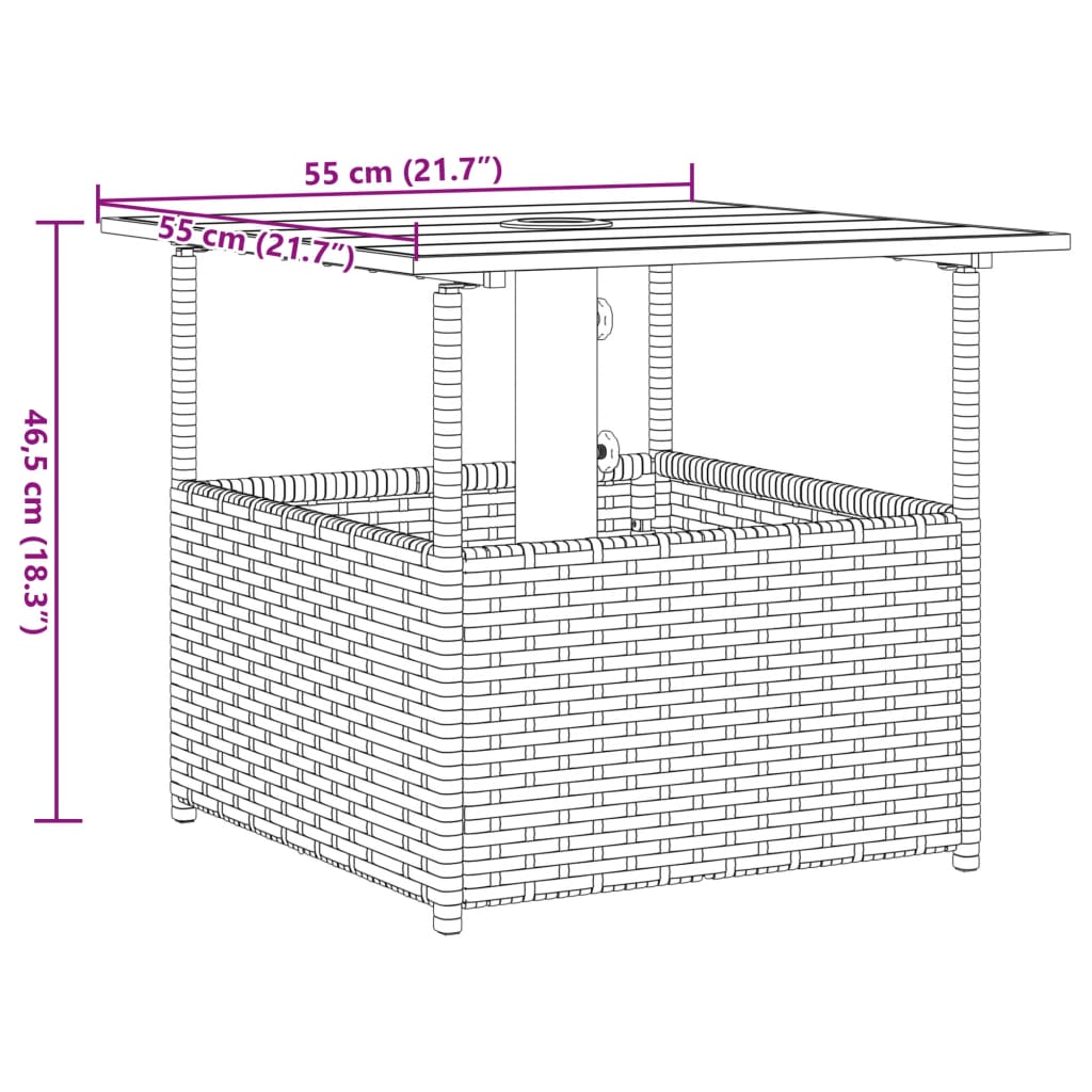 Gartentisch mit Schirmloch Braun 55x55x46,5 cm Poly Rattan