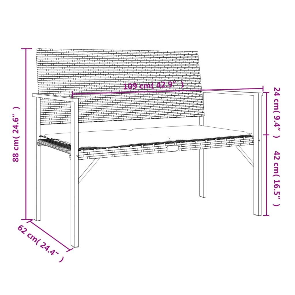 Gartenbank 2-Sitzer mit Kissen Grau Poly Rattan