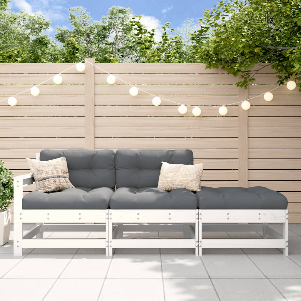 3-tlg. Garten-Lounge-Set mit Kissen Weiß Massivholz