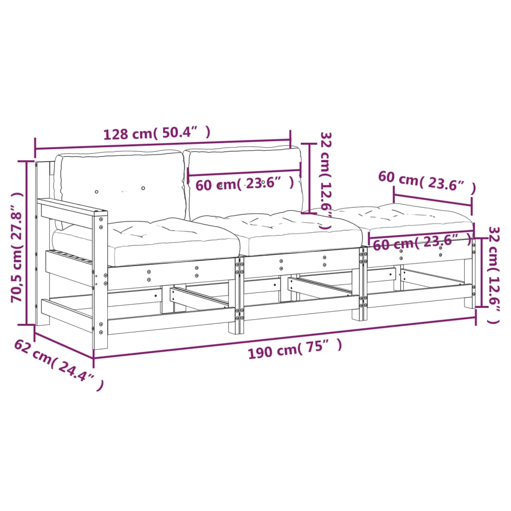 3-tlg. Garten-Lounge-Set mit Kissen Grau Massivholz