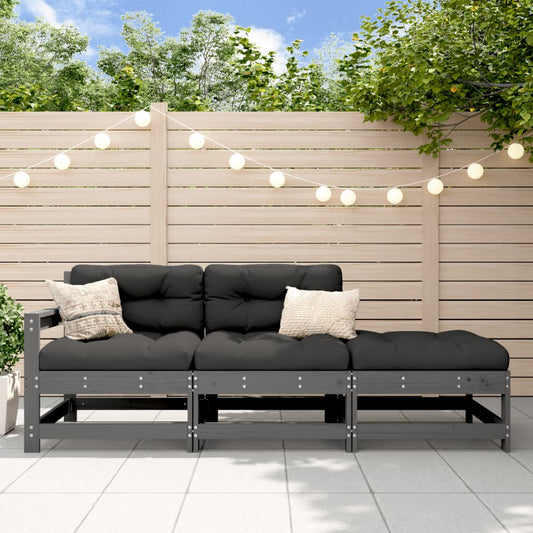 3-tlg. Garten-Lounge-Set mit Kissen Grau Massivholz