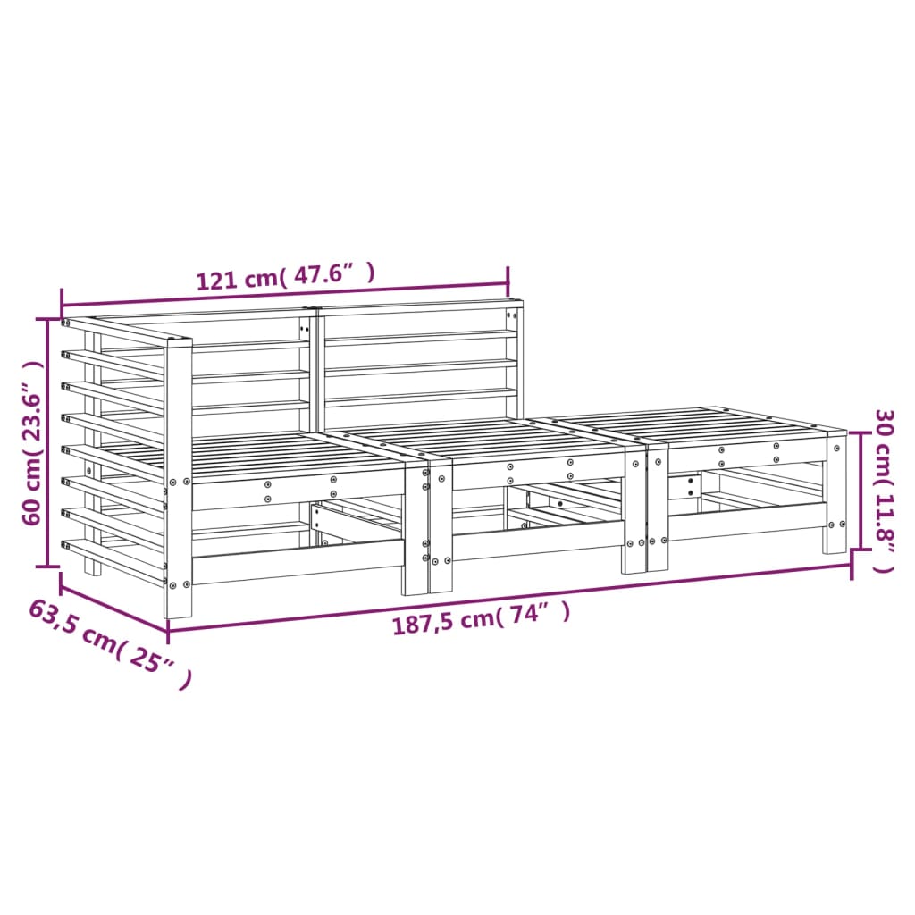 3-tlg. Garten-Lounge-Set Massivholz Kiefer