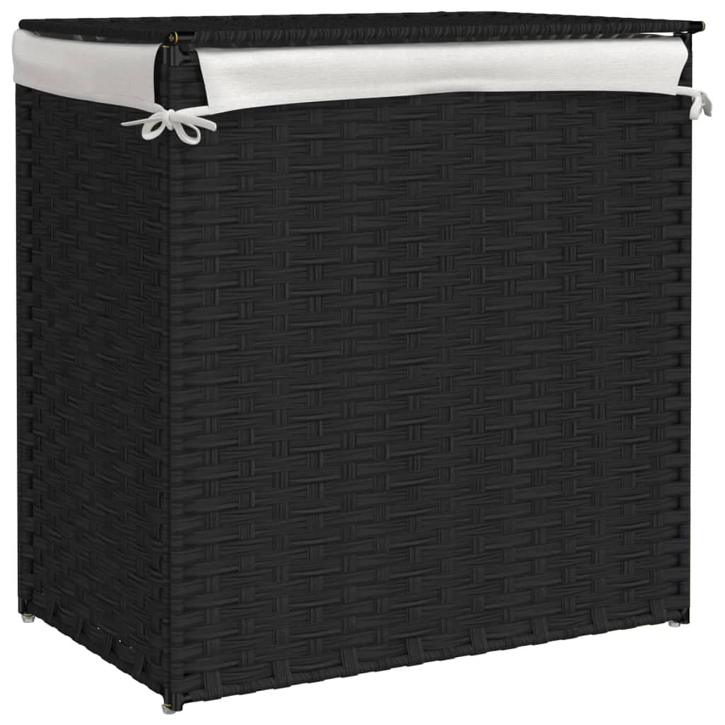 Wäschekorb mit 2 Fächern Schwarz 53x35x57 cm Poly Rattan