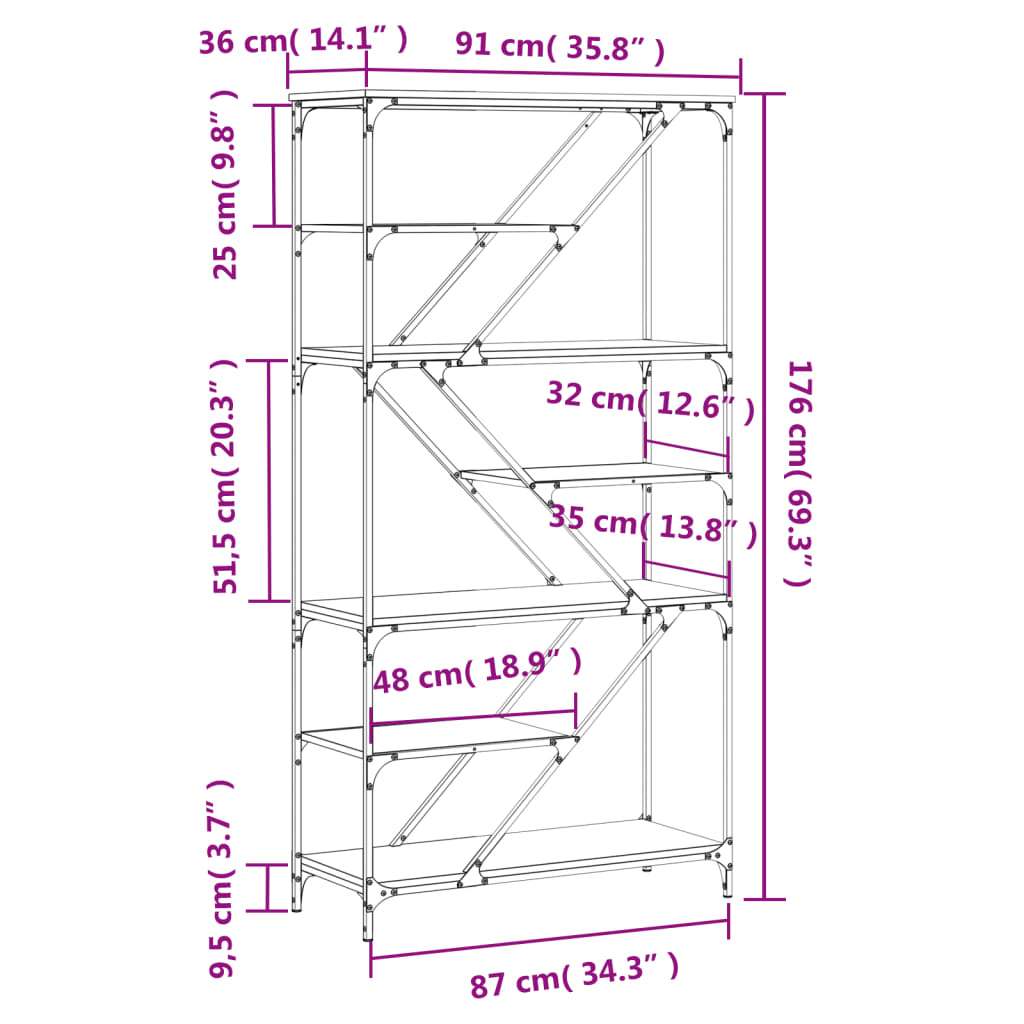 Bücherregal Grau Sonoma 91x36x176 cm Holzwerkstoff und Stahl