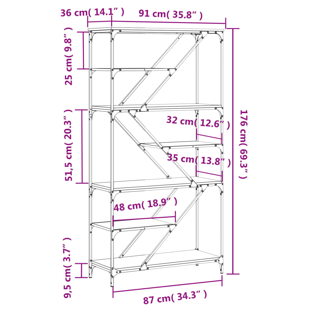 Bücherregal Braun Eichen-Optik 91x36x176 cm Holzwerkstoff