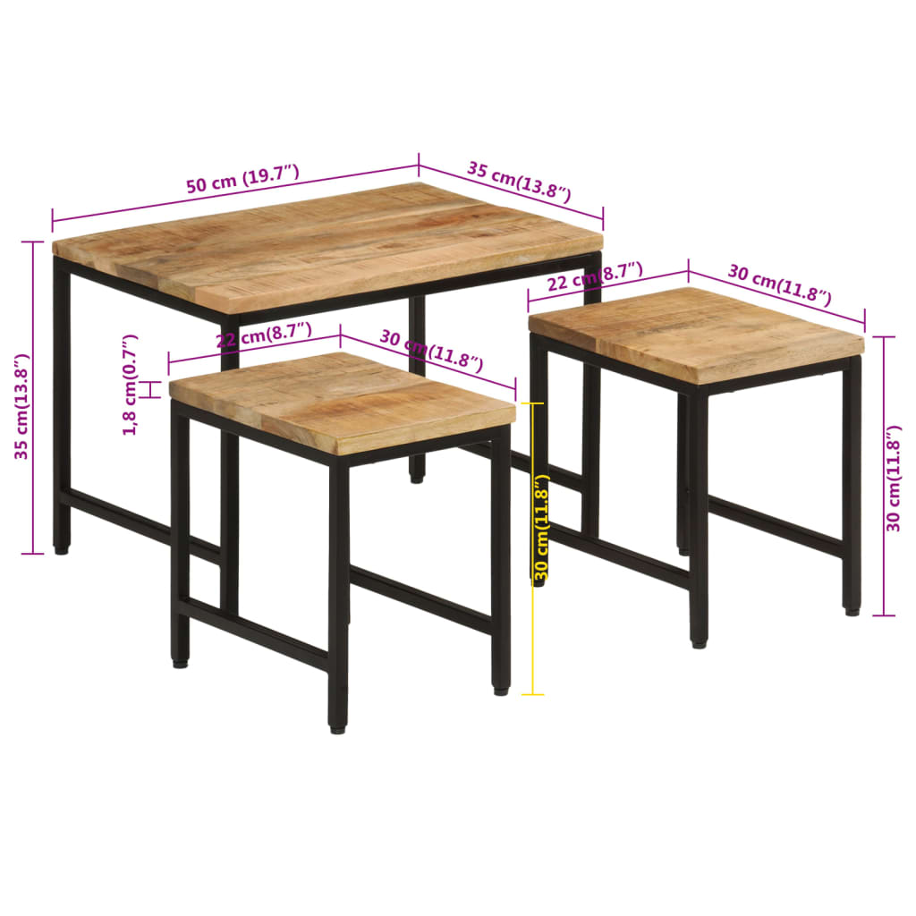 Satztische 3 Stk. Raues Massivholz Mango und Eisen