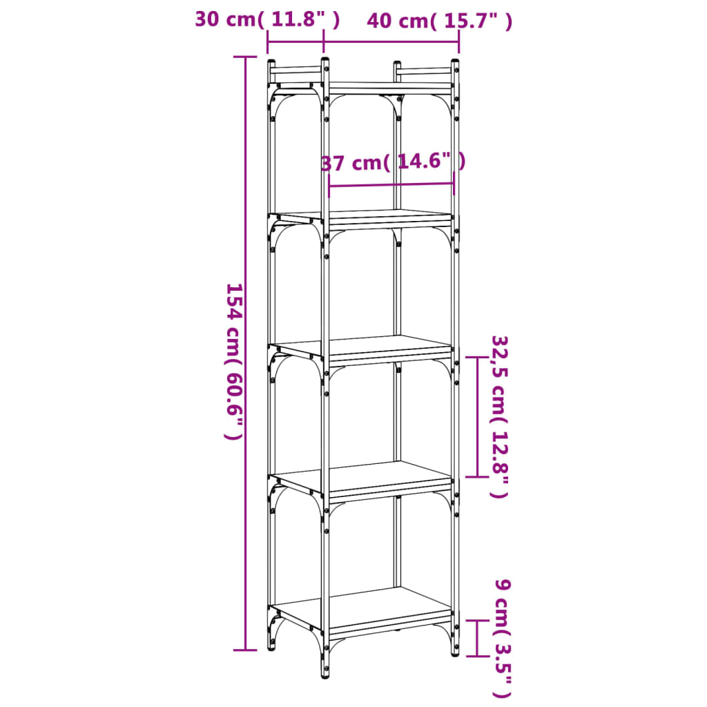 Bücherregal 5 Böden Braun Eiche-Optik 40x30x154cm Holzwerkstoff