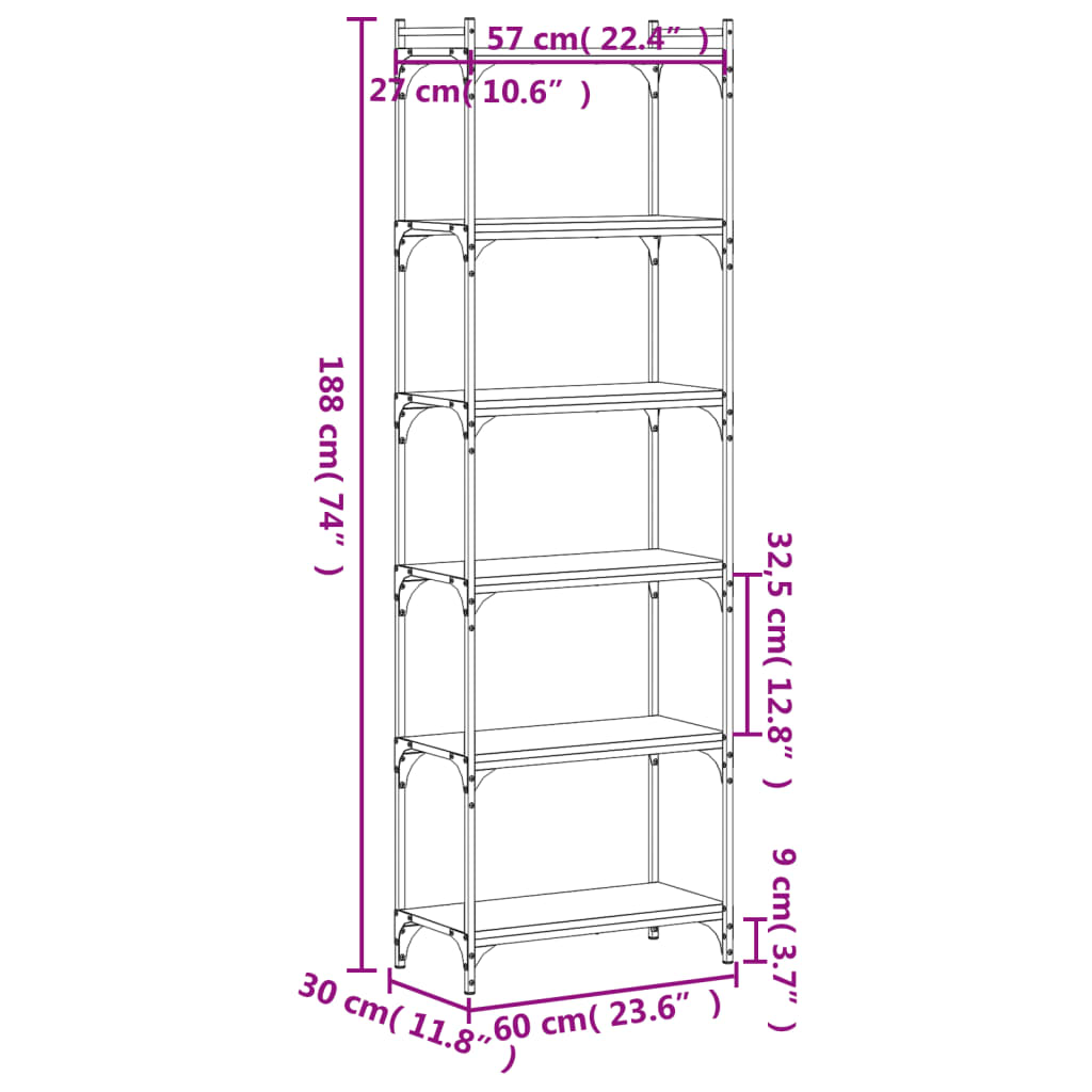 Bücherregal 6 Böden Räuchereiche 60x30x188 cm Holzwerkstoff