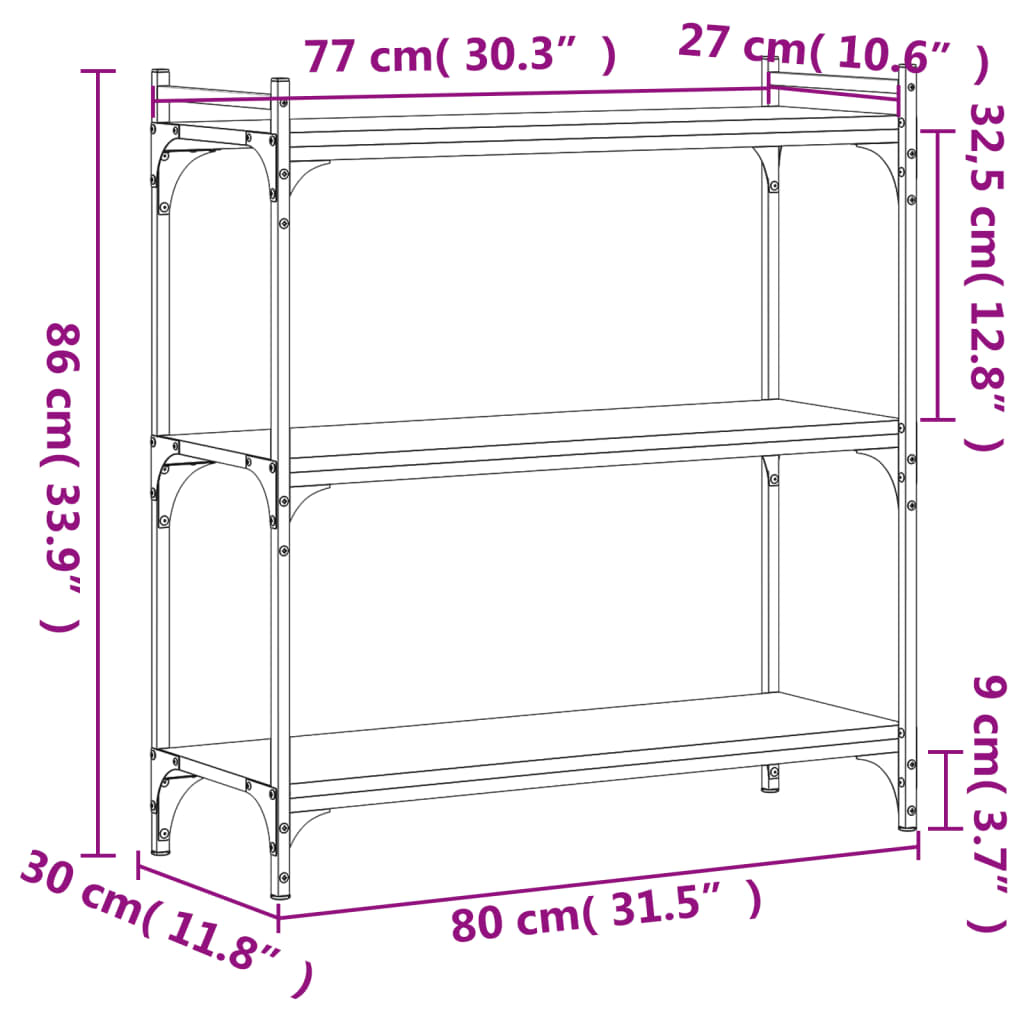 Bücherregal 3 Böden Grau Sonoma 80x30x86 cm Holzwerkstoff