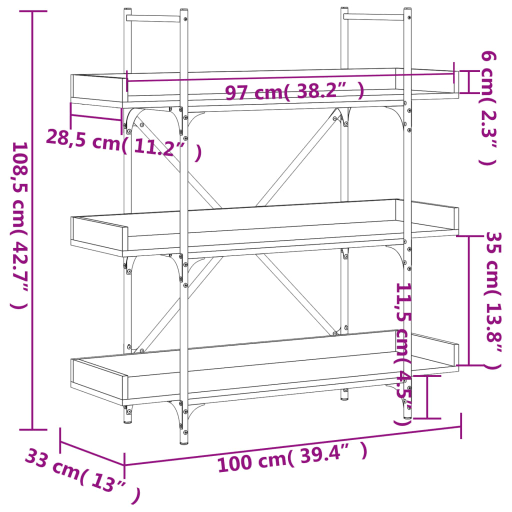 Bücherregal 3 Böden Schwarz 100x33x108,5 cm Holzwerkstoff