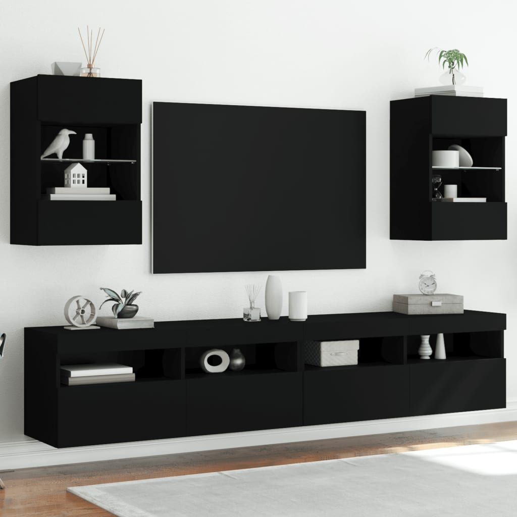 TV-Wandschränke mit LED-Leuchten 2 Stk. Schwarz 40x30x60,5 cm