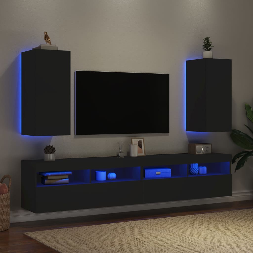 TV-Wandschränke mit LED-Leuchten 2 Stk. Schwarz 30,5x35x70 cm