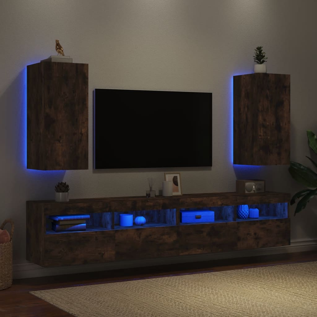 TV-Wandschränke mit LED-Leuchten 2 Stk. Räuchereiche