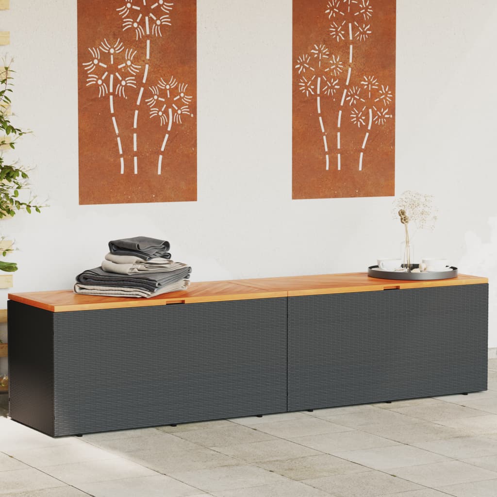 Gartentruhe Schwarz 220x50x54 cm Poly Rattan Akazienholz