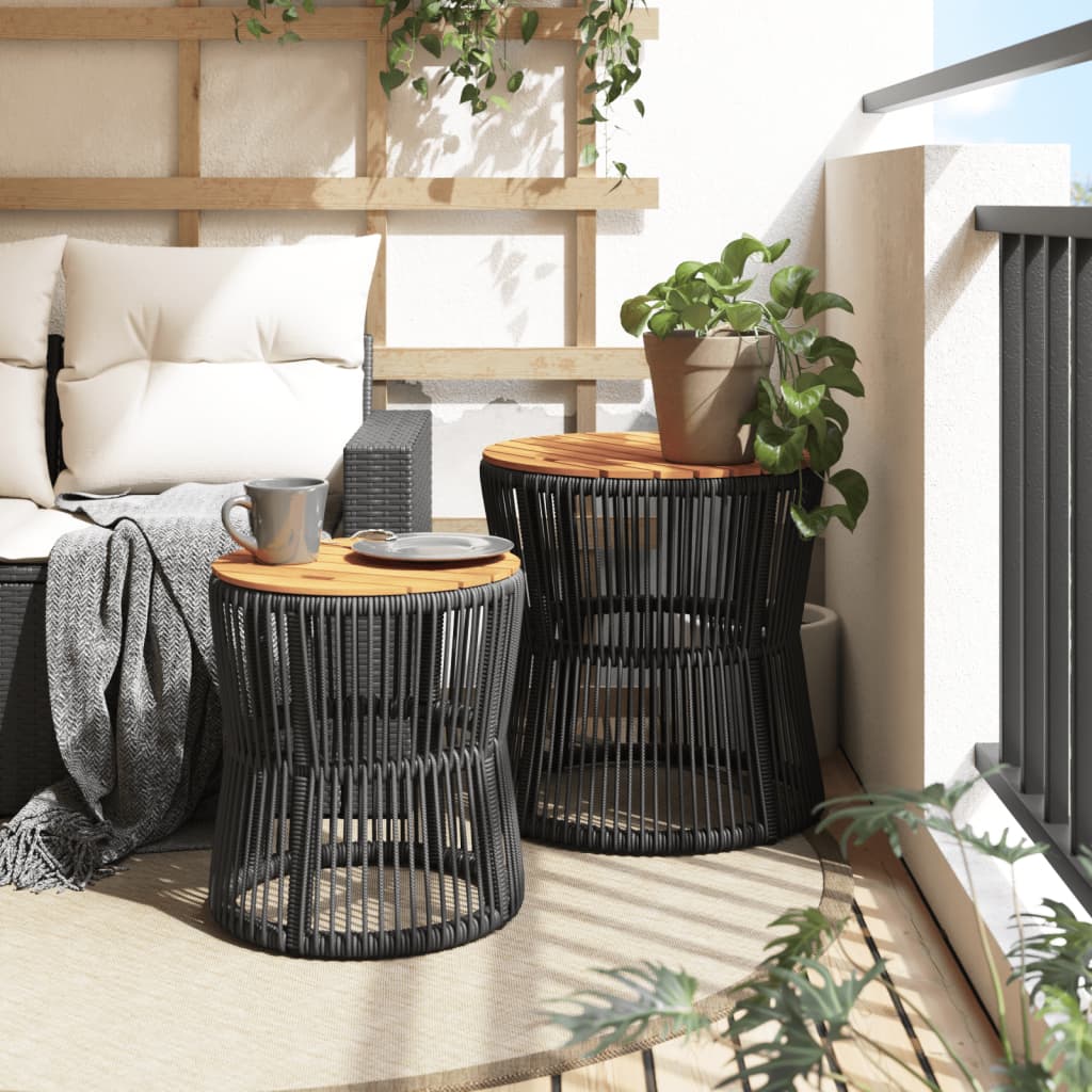 Garten-Beistelltische 2 Stk. mit Holzplatte Schwarz Poly Rattan