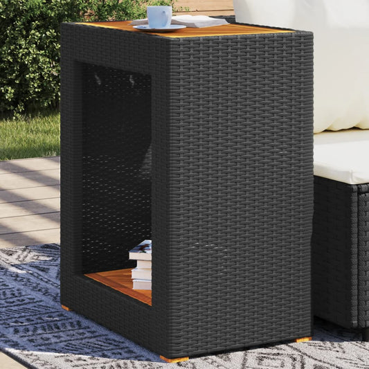 Garten-Beistelltisch mit Holzplatte Schwarz Poly Rattan