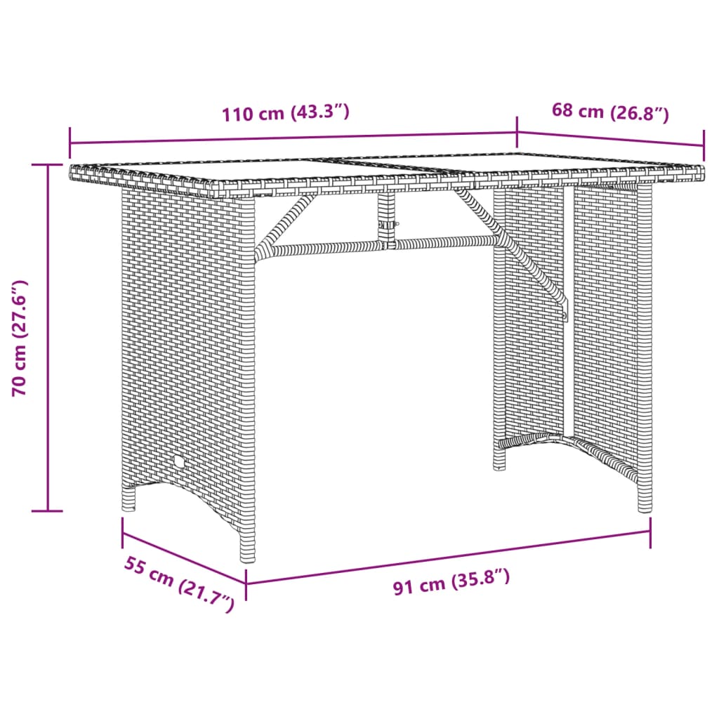 Gartentisch mit Glasplatte Braun 110x68x70 cm Poly Rattan