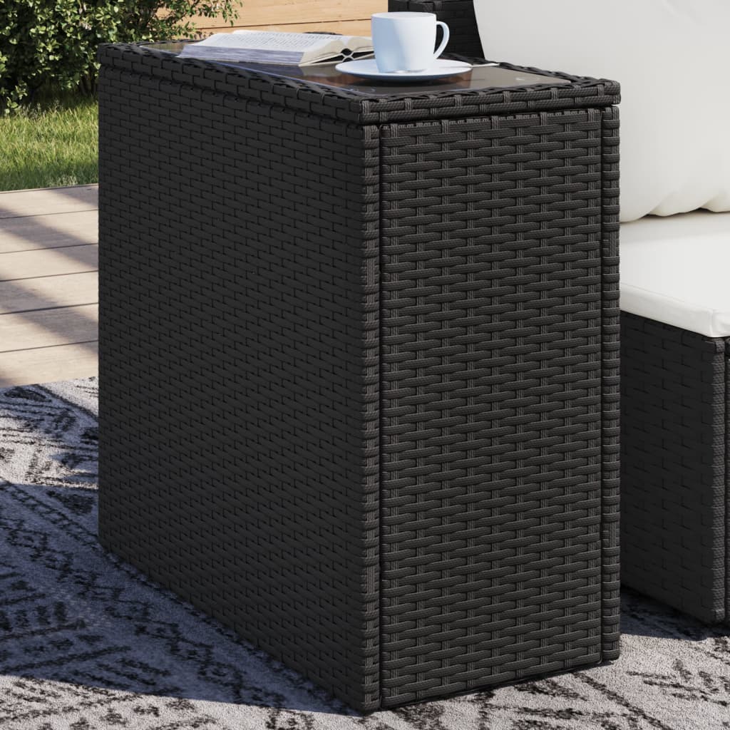 Garten-Beistelltisch mit Glasplatte Schwarz 58x27,5x55cm Rattan