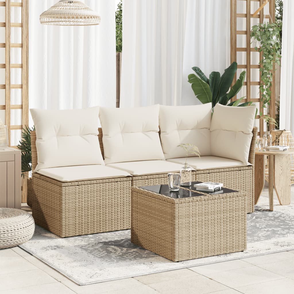 Gartentisch mit Glasplatte Beige 55x55x37 cm Poly Rattan