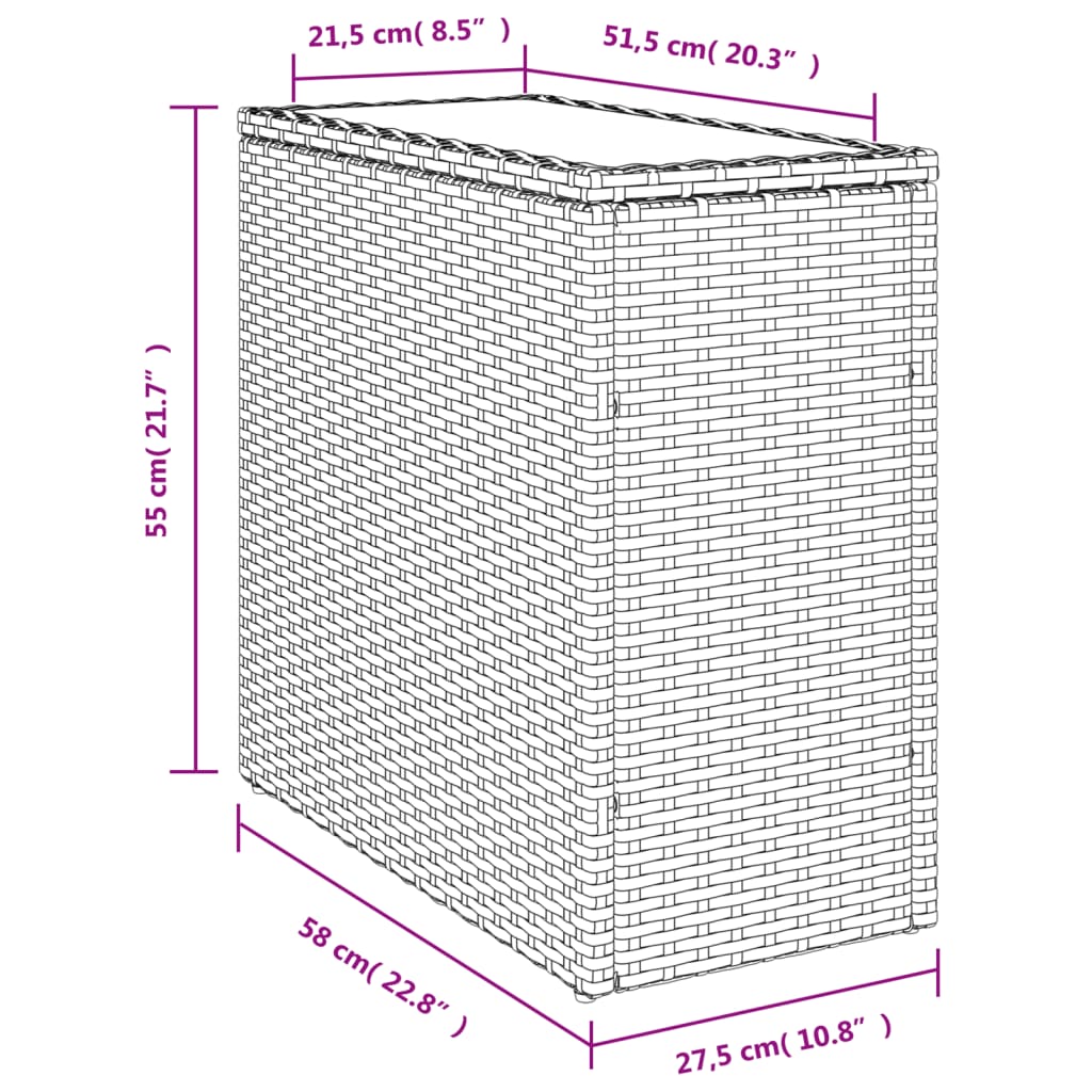 Garten-Beistelltisch mit Glasplatte Grau 58x27,5x55 cm Rattan