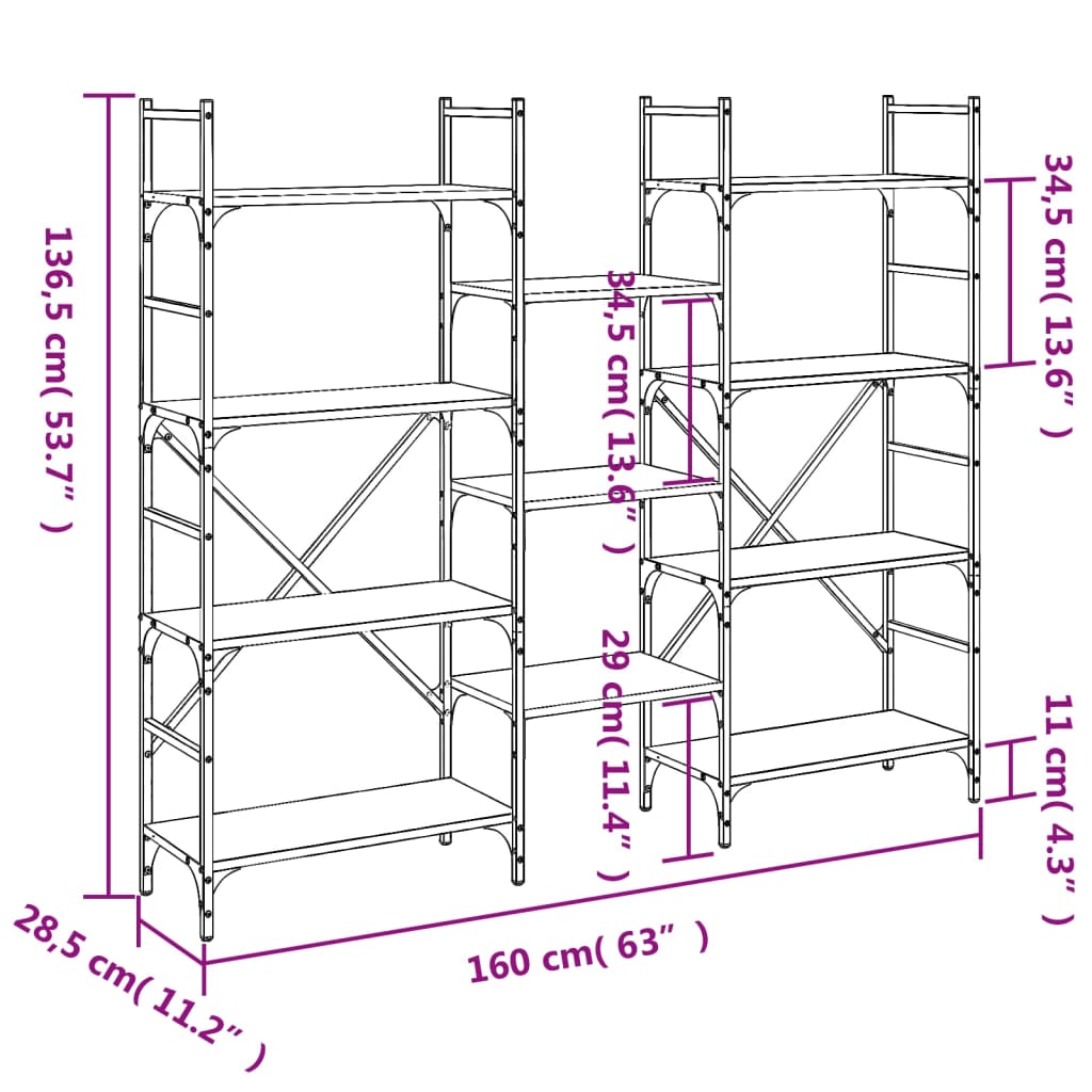 Bücherregal Grau Sonoma 160x28,5x136,5 cm Holzwerkstoff