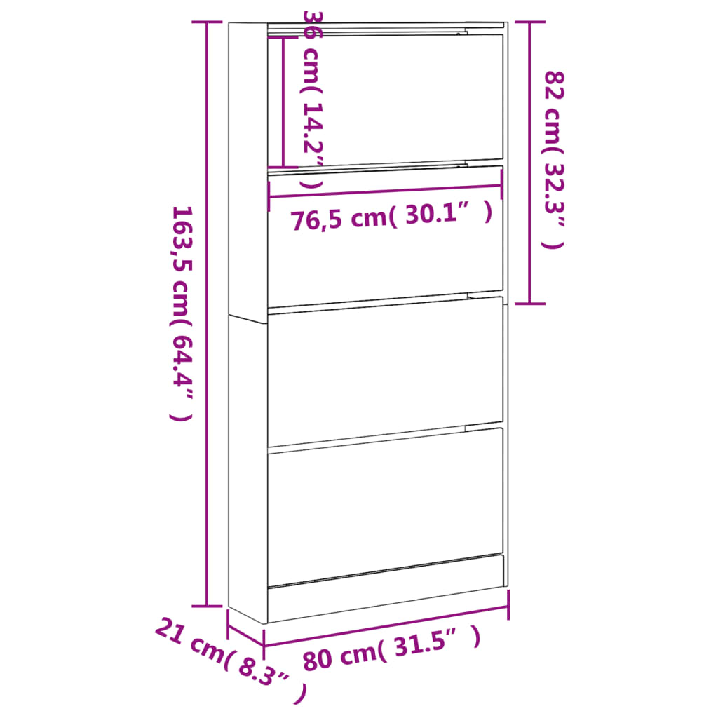 Schuhschrank mit 4 Klappen Sonoma-Eiche 80x21x163,5 cm