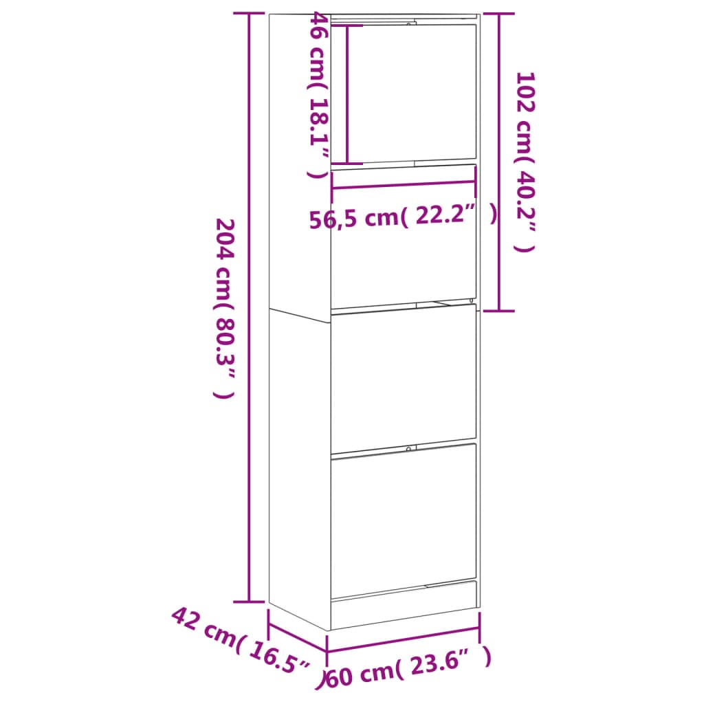 Schuhschrank mit 4 Klappen Grau Sonoma 60x42x204 cm