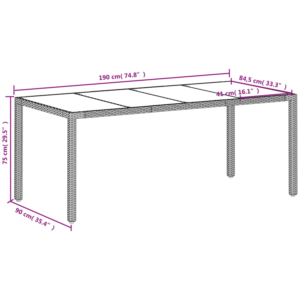 Gartentisch mit Glasplatte Weiß 190x90x75 cm Poly Rattan