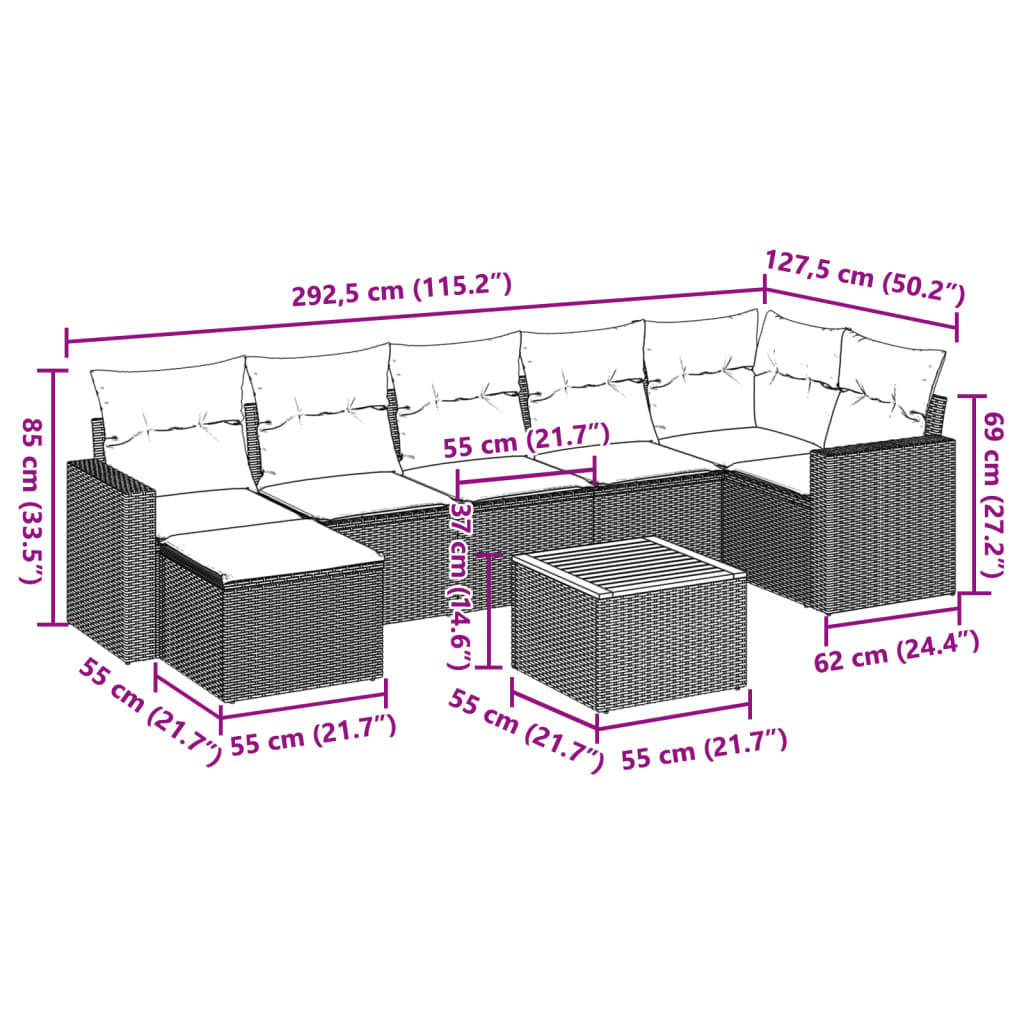 8-tlg. Garten-Sofagarnitur mit Kissen Beige Poly Rattan