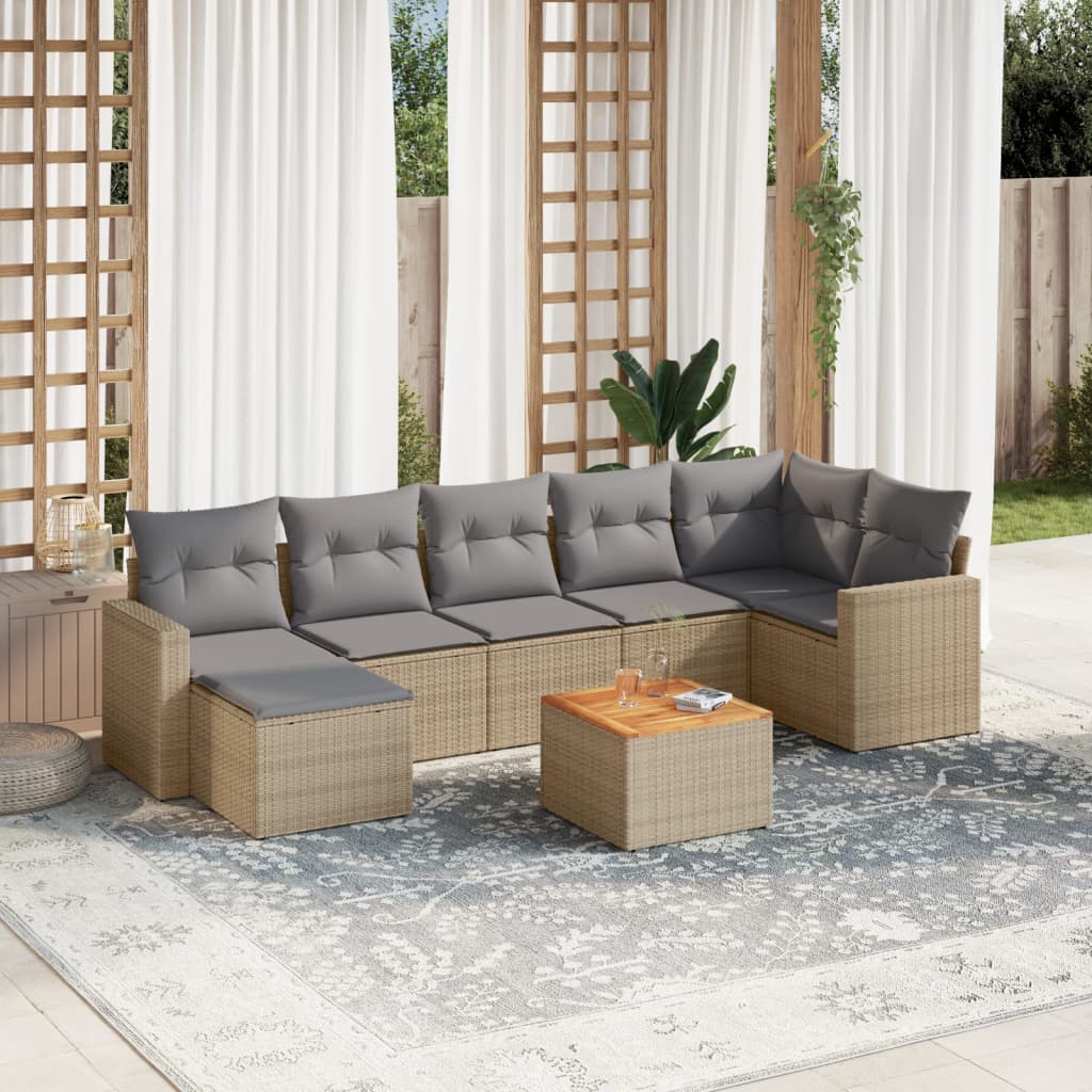 8-tlg. Garten-Sofagarnitur mit Kissen Beige Poly Rattan