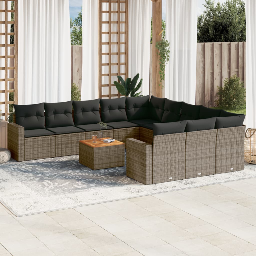 12-tlg. Garten-Sofagarnitur mit Kissen Grau Poly Rattan