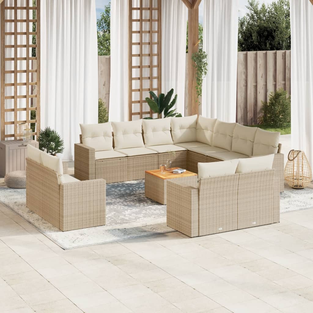 12-tlg. Garten-Sofagarnitur mit Kissen Beige Poly Rattan