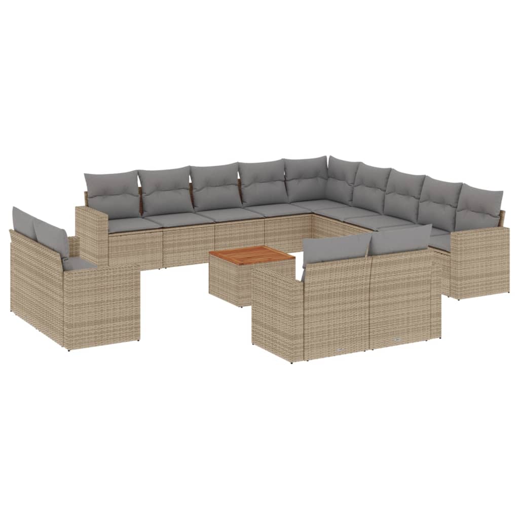 14-tlg. Garten-Sofagarnitur mit Kissen Beige Poly Rattan