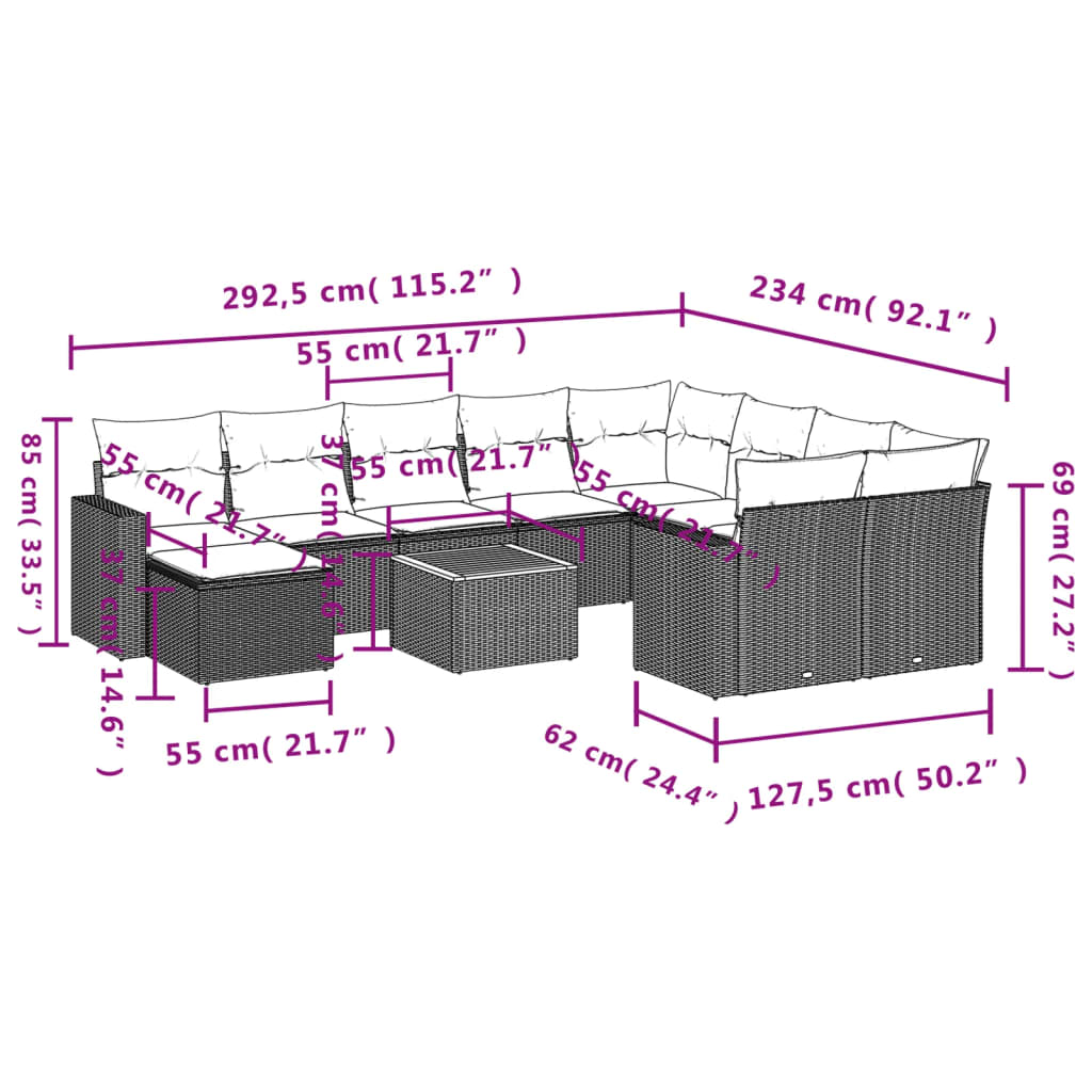 11-tlg. Garten-Sofagarnitur mit Kissen Schwarz Poly Rattan