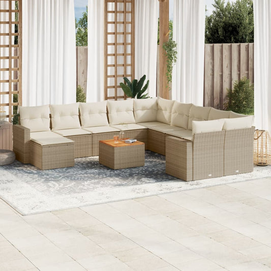 12-tlg. Garten-Sofagarnitur mit Kissen Beige Poly Rattan