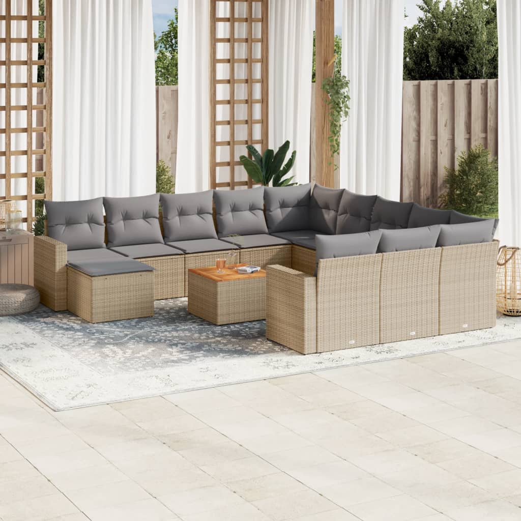 13-tlg. Garten-Sofagarnitur mit Kissen Beige Poly Rattan