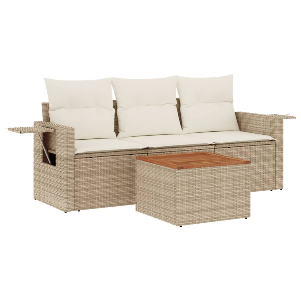 4-tlg. Garten-Sofagarnitur mit Kissen Beige Poly Rattan