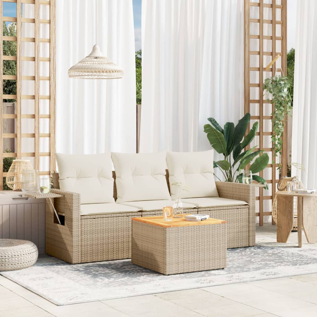 4-tlg. Garten-Sofagarnitur mit Kissen Beige Poly Rattan