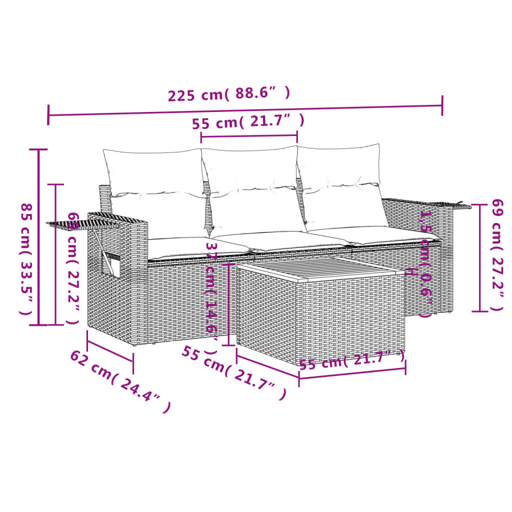 4-tlg. Garten-Sofagarnitur mit Kissen Beige Poly Rattan