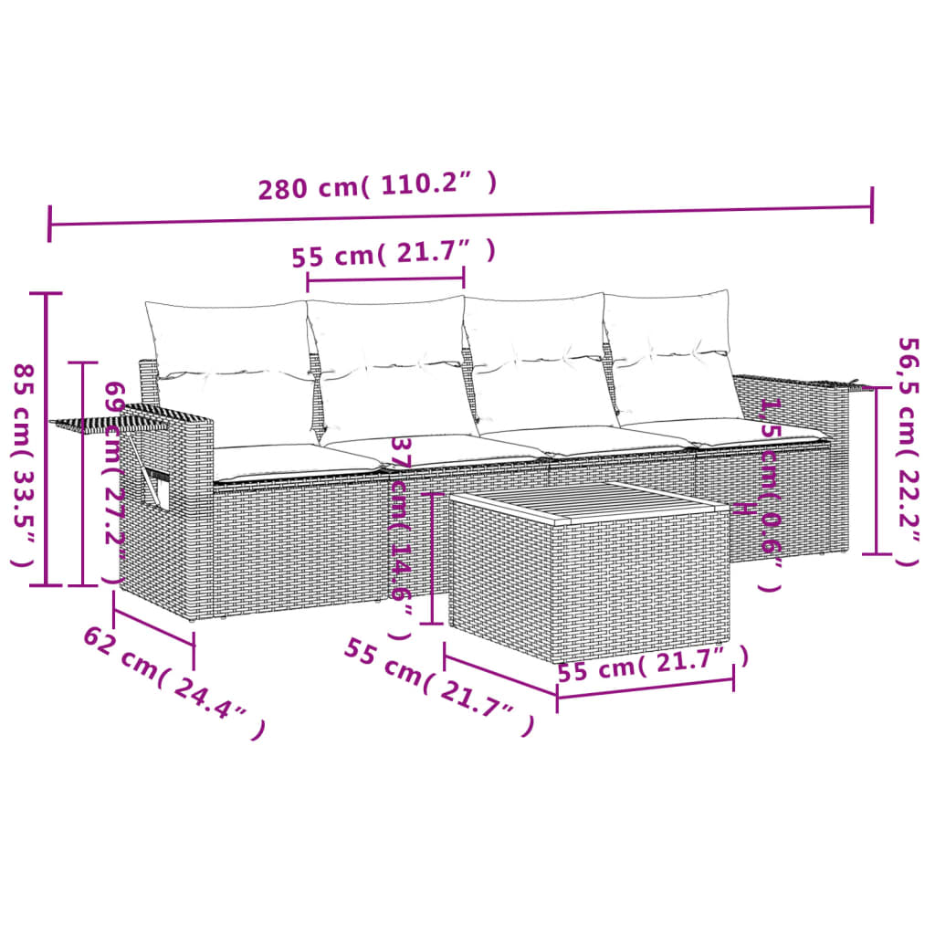 5-tlg. Garten-Sofagarnitur mit Kissen Grau Poly Rattan