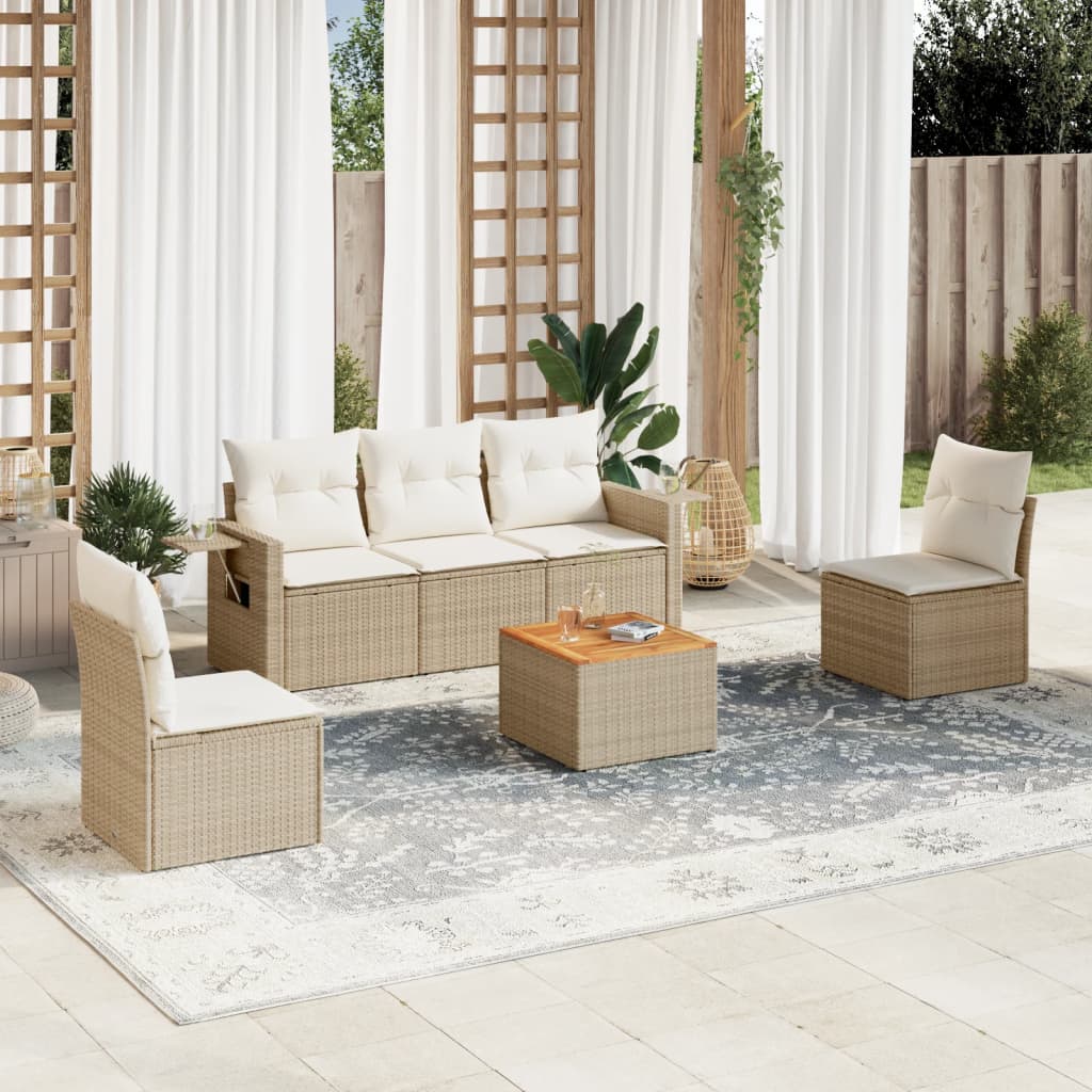 6-tlg. Garten-Sofagarnitur mit Kissen Beige Poly Rattan