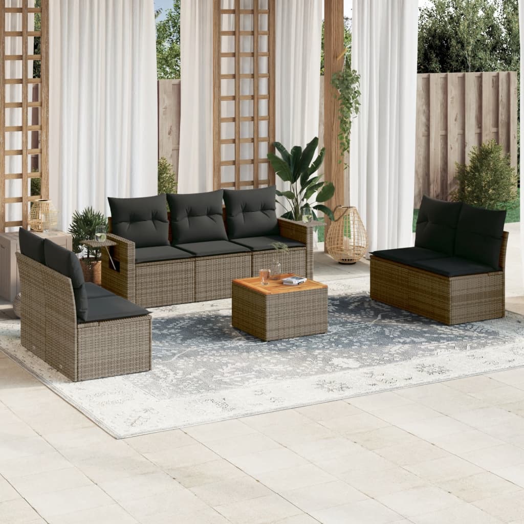 8-tlg. Garten-Sofagarnitur mit Kissen Grau Poly Rattan