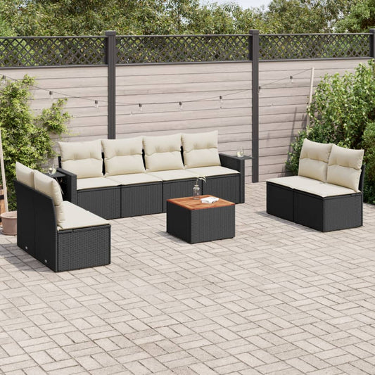 9-tlg. Garten-Sofagarnitur mit Kissen Schwarz Poly Rattan