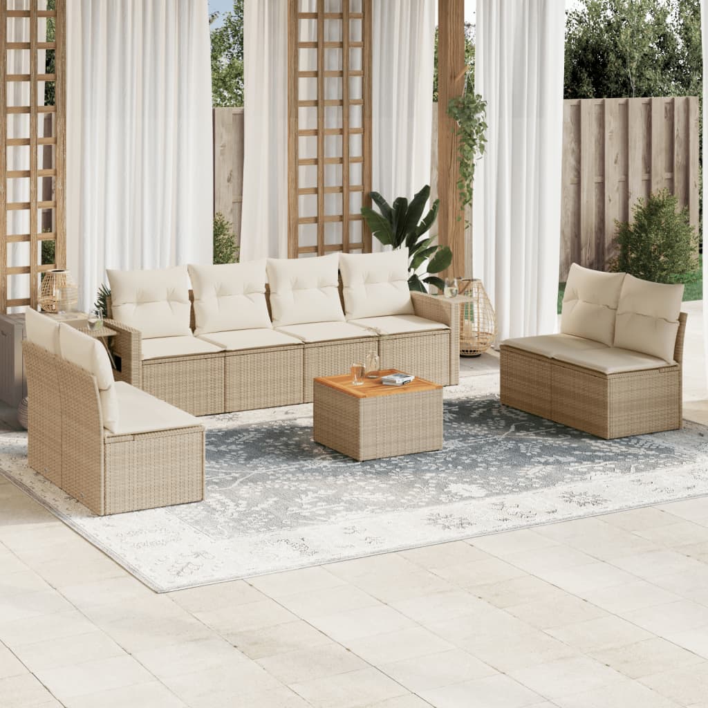 9-tlg. Garten-Sofagarnitur mit Kissen Beige Poly Rattan