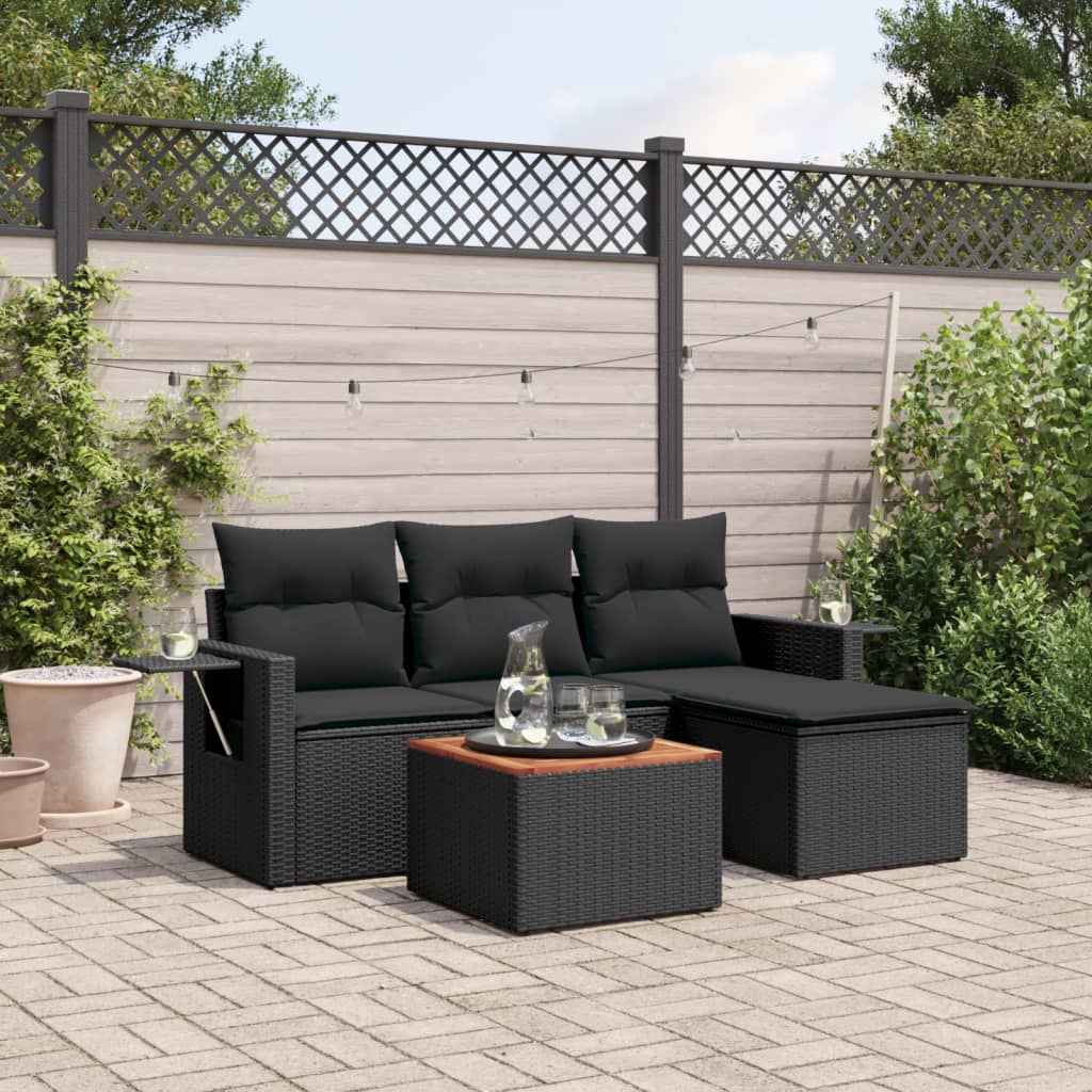 5-tlg. Garten-Sofagarnitur mit Kissen Schwarz Poly Rattan