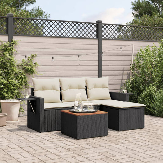 5-tlg. Garten-Sofagarnitur mit Kissen Schwarz Poly Rattan