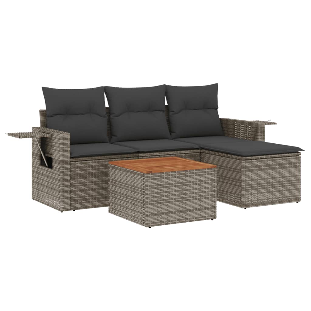 5-tlg. Garten-Sofagarnitur mit Kissen Grau Poly Rattan