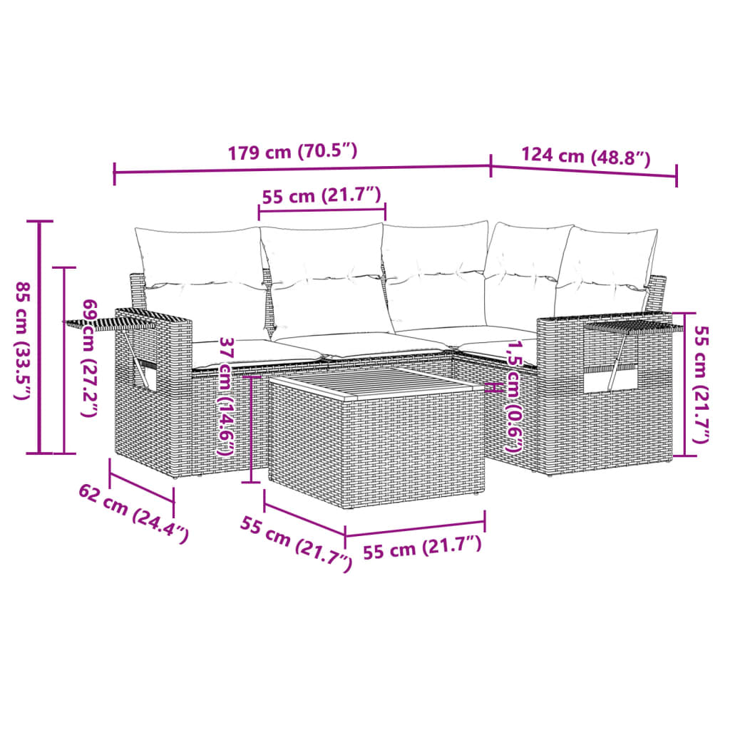 5-tlg. Garten-Sofagarnitur mit Kissen Schwarz Poly Rattan