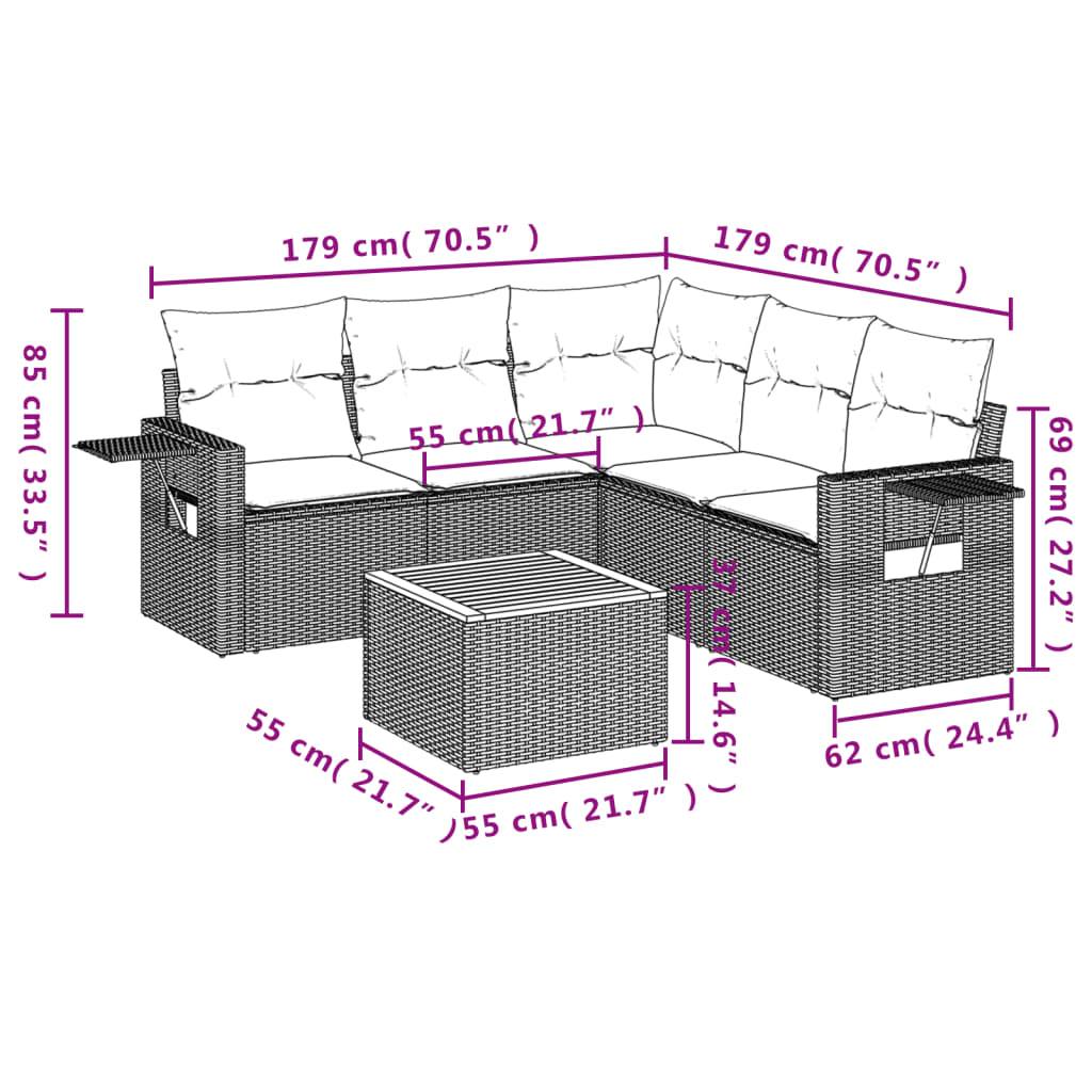 6-tlg. Garten-Sofagarnitur mit Kissen Schwarz Poly Rattan