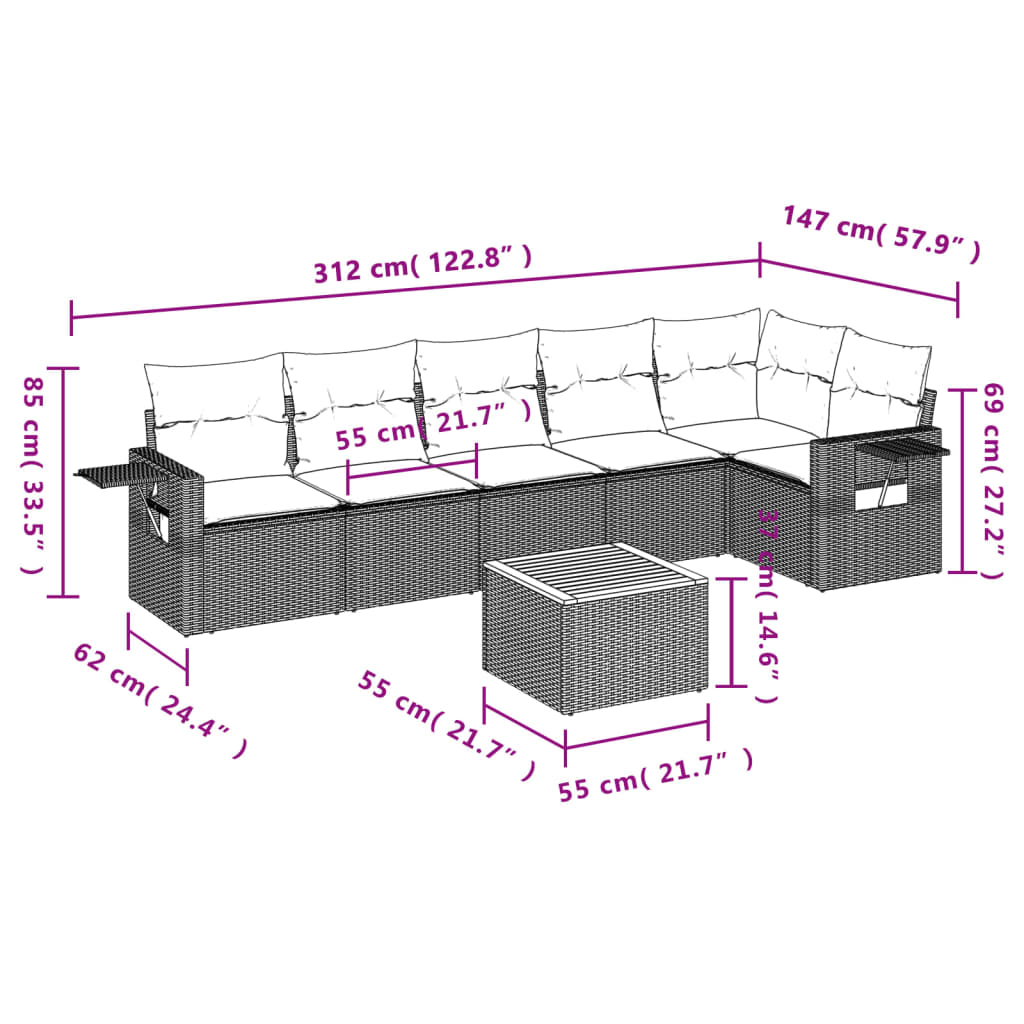 7-tlg. Garten-Sofagarnitur mit Kissen Schwarz Poly Rattan